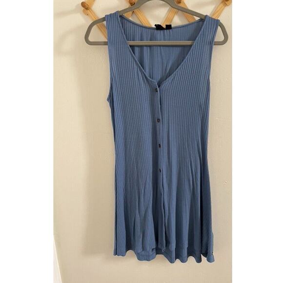 Roxy Dress Women's Fit Flare Mini Blue Large Ribbed Button Down Sleeveless - Picture 2 of 7
